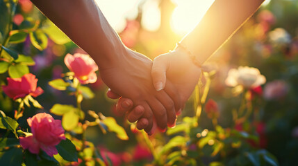 Obraz na płótnie Canvas Valentine's Day concept. Falling in love. Holding hands of a man and woman together in the rose garden in the romantic evening sunlight
