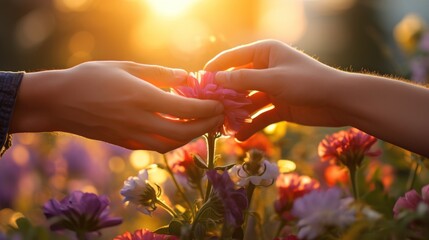 Valentine's Day concept. Falling in love. Hands of a lovers pick or collect the same rose together in the garden in the romantic evening sunlight
