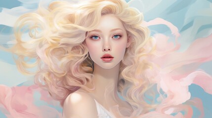 Fototapeta premium Beautiful blonde woman with wavy hair and colorful makeup, beauty salon design