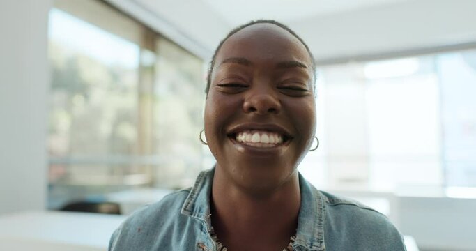 Face, wave and video call with black woman at work in office for virtual meeting or online training. Portrait, smile and employee with young person greeting in workplace for webinar or learning