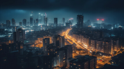 Captivating Evening View: Majestic Skyline Illuminated by City Lights, generative AI