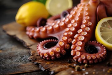 Fototapeta premium Savoring the Sea: Top-Quality Octopus, Fresh and Expertly Seasoned, Ready for Cooking - Infused with the Flavors of Lemon, Rosemary, Garlic, and Salt for a Culinary Masterpiece.