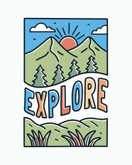 Explore the mountain vector mono line for t shirt, badge, sticker print illustration