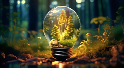 glowing light bulb on a forest background