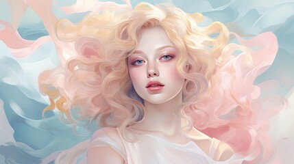 Naklejka premium Beautiful blonde woman with wavy hair and colorful makeup, beauty salon design