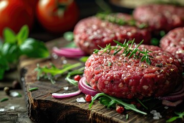 Hamburgers of Maximum Quality, Seasoned with Beef, Rosemary, Salt, Pepper, and Garlic - Ready to Hit the Grill, Served with Fresh Tomatoes on the Table