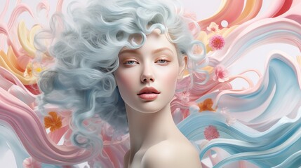 Beautiful blonde woman with wavy hair and colorful makeup, beauty salon design