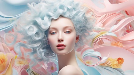 Beautiful blonde woman with wavy hair and colorful makeup, beauty salon design