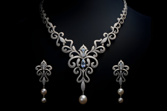 Luxurious Diamond-Encrusted Jewelry Set: Necklace and Earrings on Velvet Cushion