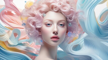 Beautiful blonde woman with wavy hair and colorful makeup, beauty salon design