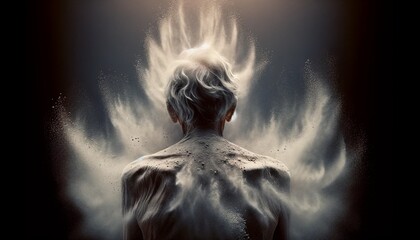 Digital composite of Back view of old man with dust cloud over dark background. concept of aging and time running out