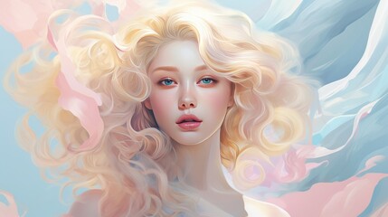 Beautiful blonde woman with wavy hair and colorful makeup, beauty salon design