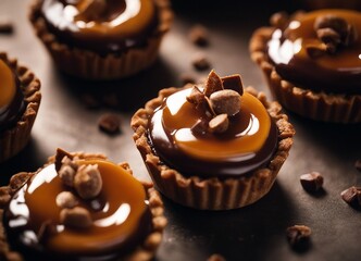 Chocolate tartlets with salted caramel and nuts on dark background - obrazy, fototapety, plakaty