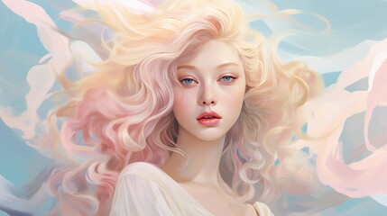 Beautiful blonde woman with wavy hair and colorful makeup, beauty salon design