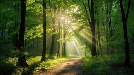 Obraz premium Forest landscape, Beautiful sunlight in green forest