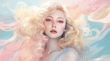 Naklejka premium Beautiful blonde woman with wavy hair and colorful makeup
