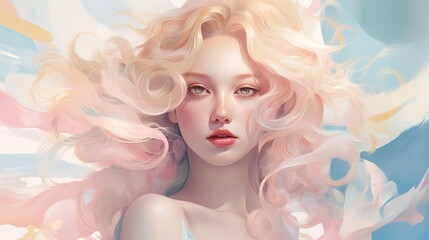 Naklejka premium Beautiful blonde woman with wavy hair and colorful makeup