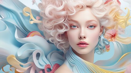 Beautiful blonde woman with wavy hair and colorful makeup