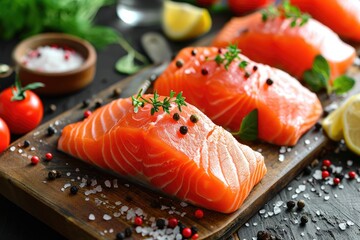 Savoring the Ocean: Top-Quality Salmon, Fresh and Expertly Seasoned, Ready for Cooking - Infused with the Flavors of Lemon, Rosemary, Garlic, Salt, and Pepper for a Culinary Masterpiece.




