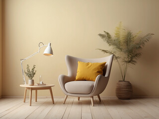 Empty light yellow stucco wall in Scandinavian style interior with modern trendy armchair. Minimalist interior design.