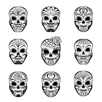 A set of black and white skulls without background. Dia de los muertos - Day of the Dead.