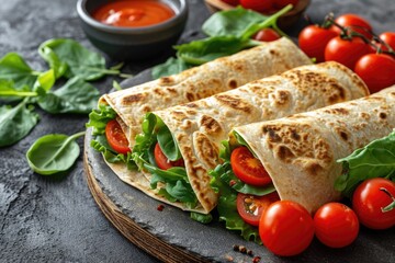 Fototapeta na wymiar Delicious Vegan Wrap: Conceptual Image of a Healthy and Tasty Vegan Wrap on a Plain Pastel Background, Displaying Fresh and Colorful Ingredients, with Copy Space for Text.