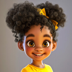 cute African American girl with hairstyle in a curly up do smiling 3d character