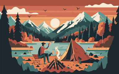 Camping in nature near mountains, landscape illustration
