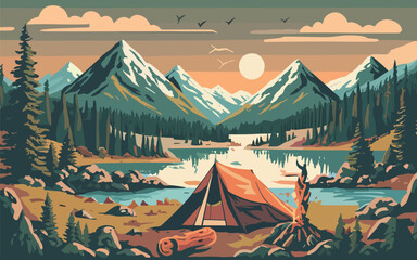 Camping in nature near mountains, landscape illustration - obrazy, fototapety, plakaty