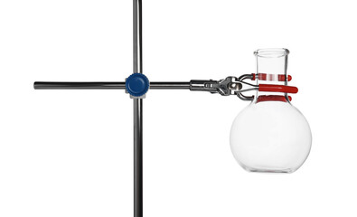 Retort stand with empty flask isolated on white