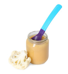 Tasty baby food in jar, spoon and fresh cauliflower isolated on white