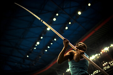 Athlete throwing javelin in the stadium at night.