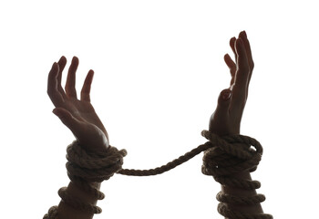 Freedom concept. Woman with tied arms on white background, closeup