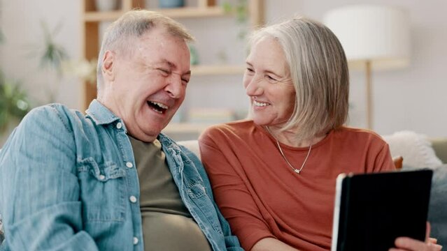 Senior couple, tablet and laughing for funny meme on social media, app and streaming comedy at home. Happy elderly people, technology and website or blog for online comic, bonding and love for humor