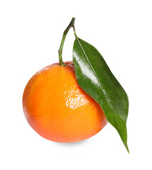 Fresh ripe juicy tangerine with green leaf isolated on white