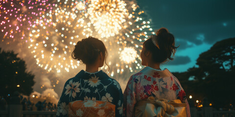 Photo of young Japanese women in yukata looking up at fireworks