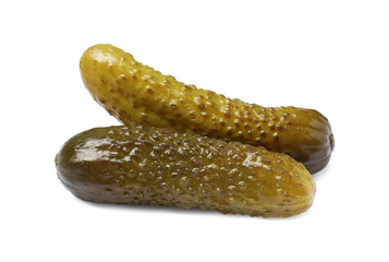 Two tasty pickled cucumbers isolated on white