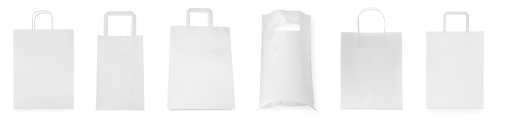 Different plastic and paper bags isolated on white, collection