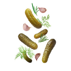 Tasty pickled cucumbers, garlic, dill and rosemary falling on white background