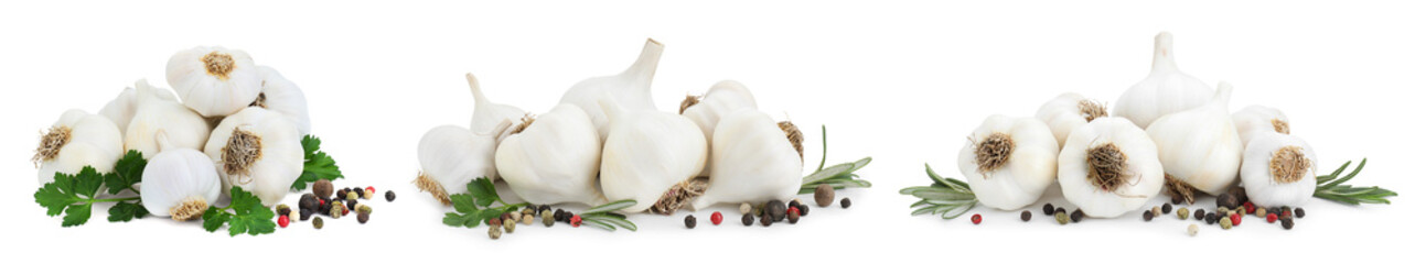 Fresh garlic bulbs, peppercorns, parsley and rosemary isolated on white, set