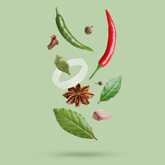 Different spices falling on light green background