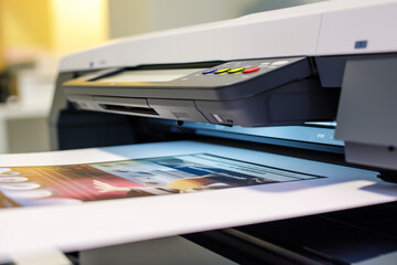 Printer on a desk with paper. Office equipment for document printing and copying. Modern laser or inkjet printer.