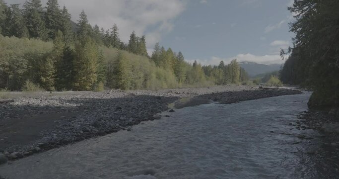 Ungraded 4k wide-angle low altitude pullout drone footage flying above the Nisqually River on a sunny morning at Gifford Pinchot National Forest in Washington State.