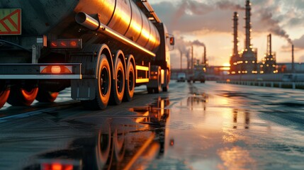 Transportation of oil and natural gas by truck in oil refinery factory and petrochemical plant. petroleum industry. generative AI - obrazy, fototapety, plakaty