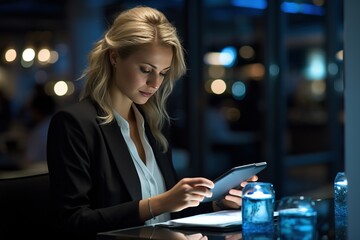 businesswoman working late in office using tablet
