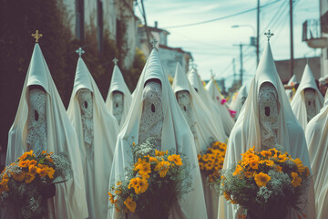 Nazarenes and Penitents in white, Holy Week procession for Christian Easter, carrying flowers and crosses through the streets of a religious town