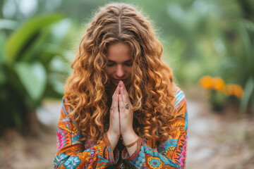 Praying prayers to God, supplications to Christ, a woman prays in nature asking Jesus for love and health - obrazy, fototapety, plakaty