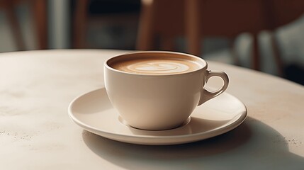 cup of aromatic coffee placed on wooden table on white plate with dessert spoon