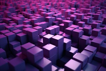 Perfectly arranged, purple and pink, multisized cubes form a modern, 3D rendered tech background. Generative AI