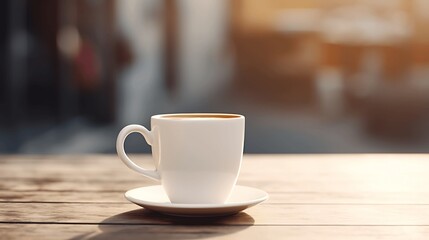 Coffee cup on wooden table with bokeh background. generative ai